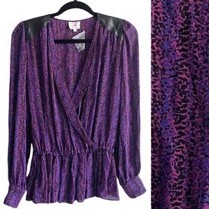 PARKER Silk Faux Wrap Blouse Print Ruffle Bottom Leather Detail Shoulder XS